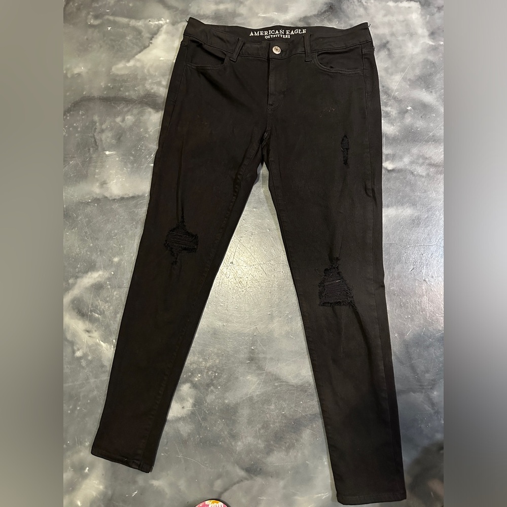 American Eagle Black Distressed Skinny Jeans Jeggings Women’s Size 10